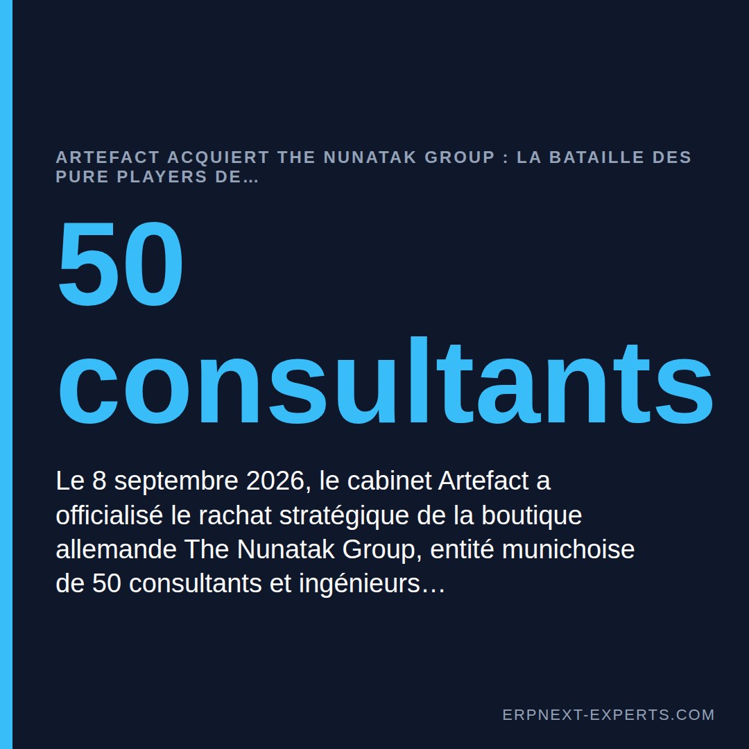 Le 8 septembre 2026, le cabinet Artefact a officialisé le rachat stratégique de la boutique allemande The Nunatak Group, entité munichoise de 50 consultants et ingénieurs spécialisés en IA fondée en 2011 (source : Artefact Corporate Newsroom, septembre 2026).
